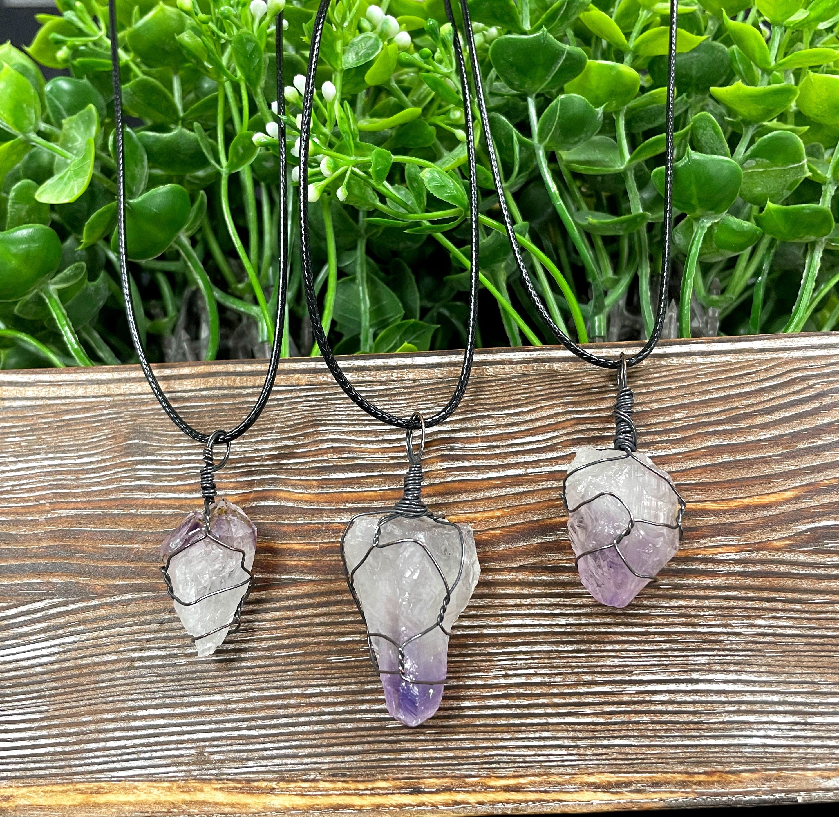 Wire Wrapped Rough Amethyst Crystal Gemstone Chunk Pendant