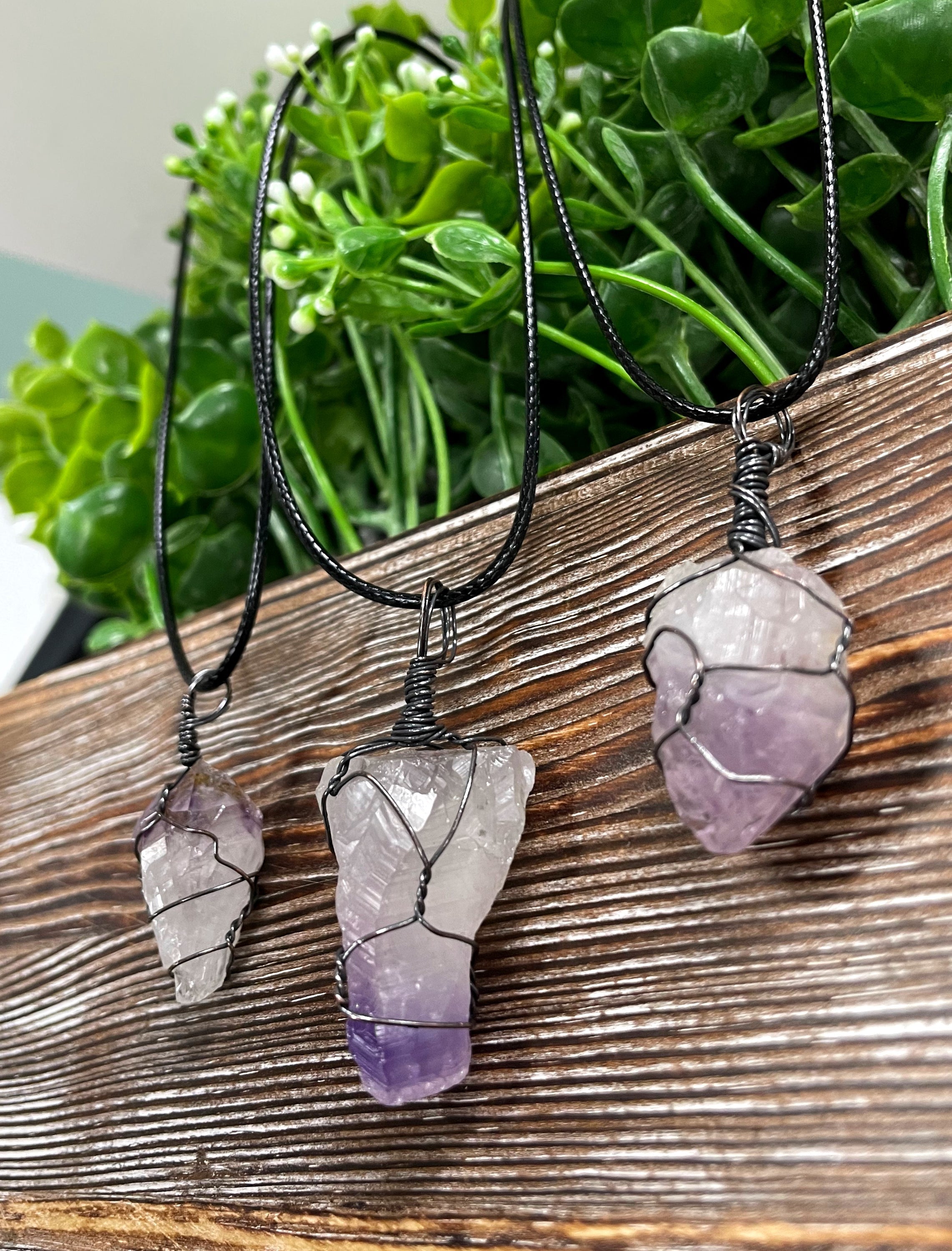 Wire Wrapped Rough Amethyst Crystal Gemstone Chunk Pendant