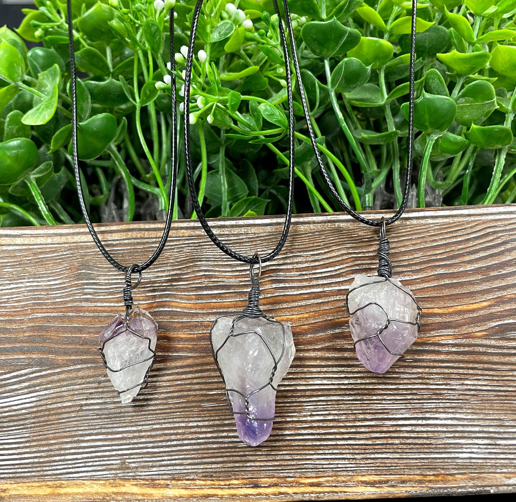 Wire Wrapped Rough Amethyst Crystal Gemstone Chunk Pendant